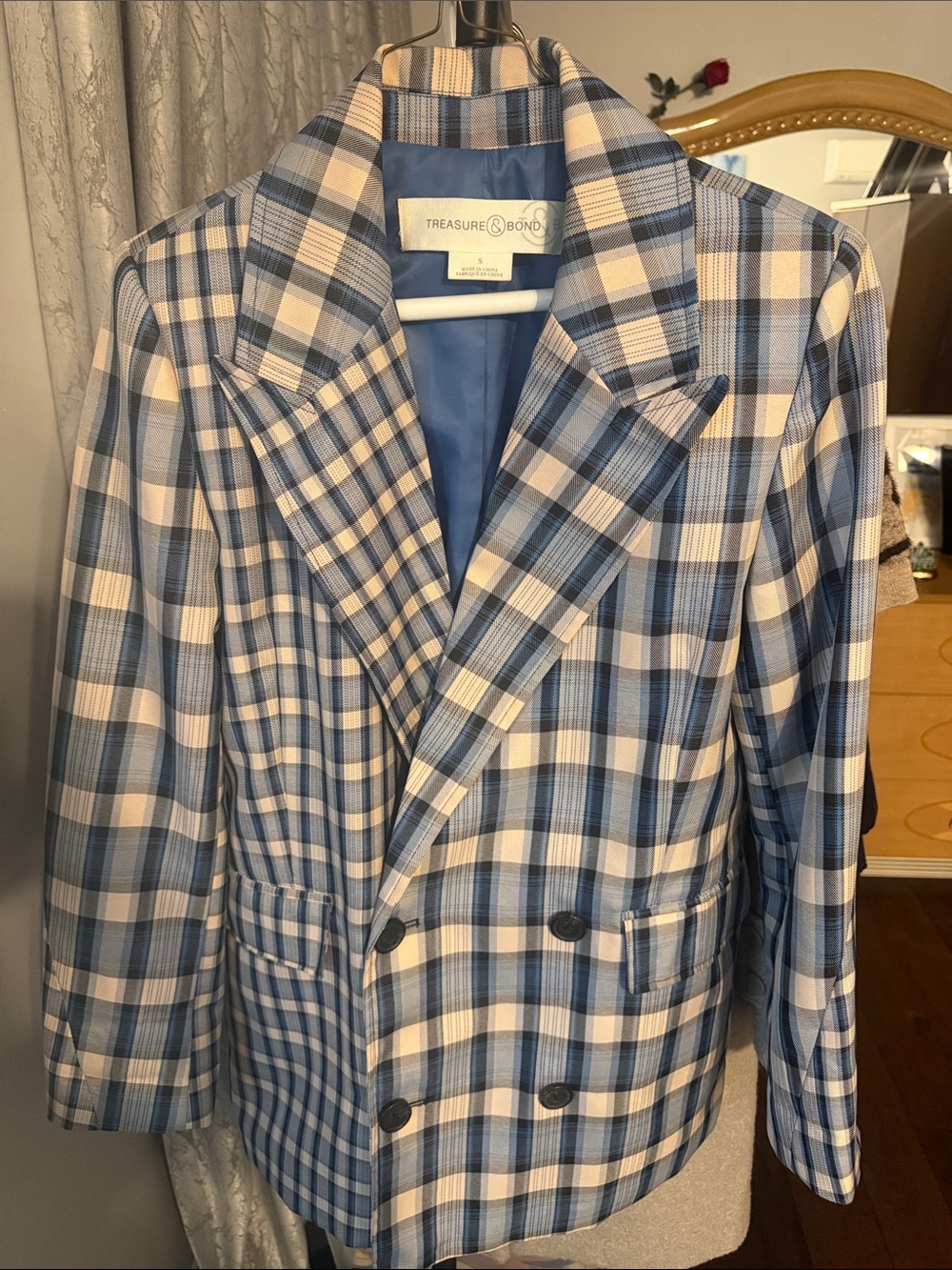Treasure & Bond Blue and White Plaid Double-Breasted Sport Coat